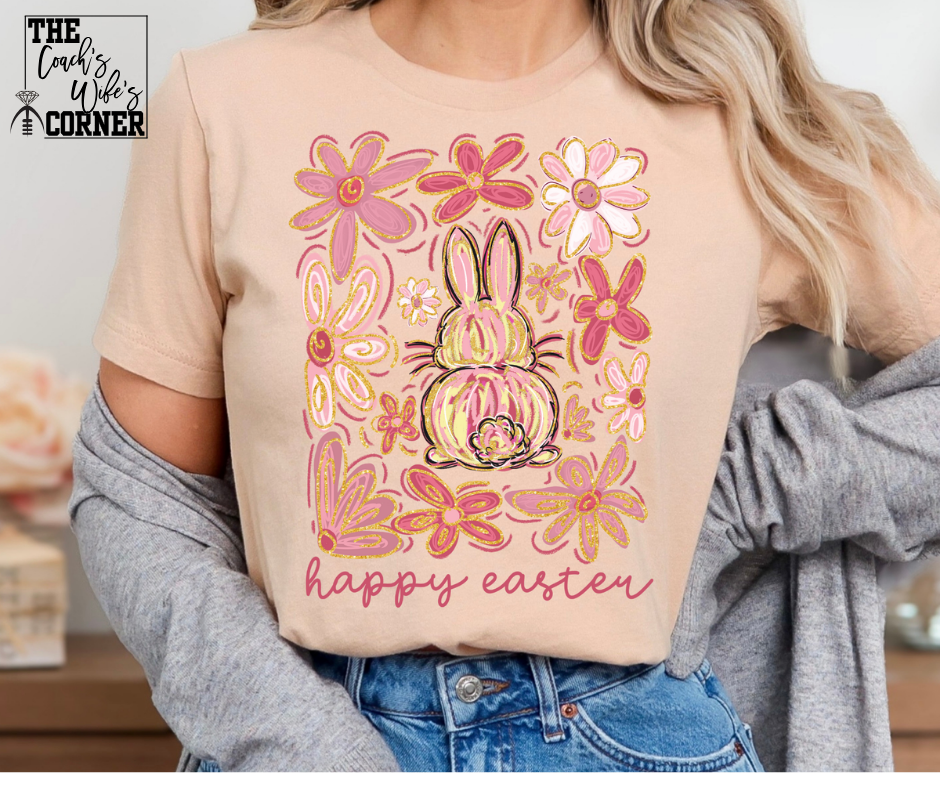 Happy Easter, Gold Pink Bunny Art