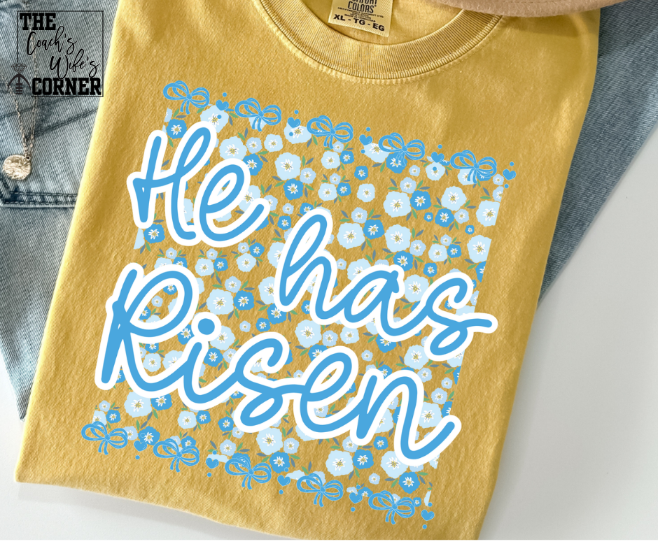 He Has Risen, Cursive Blue Floral Bow
